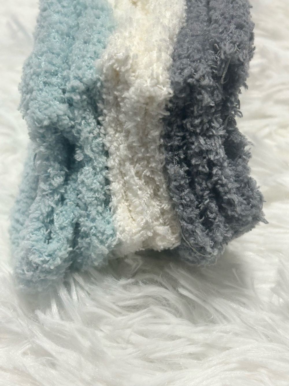 Cozy Fuzzy Socks in Gray, Creamy white & blue no gripper low cut slipper style